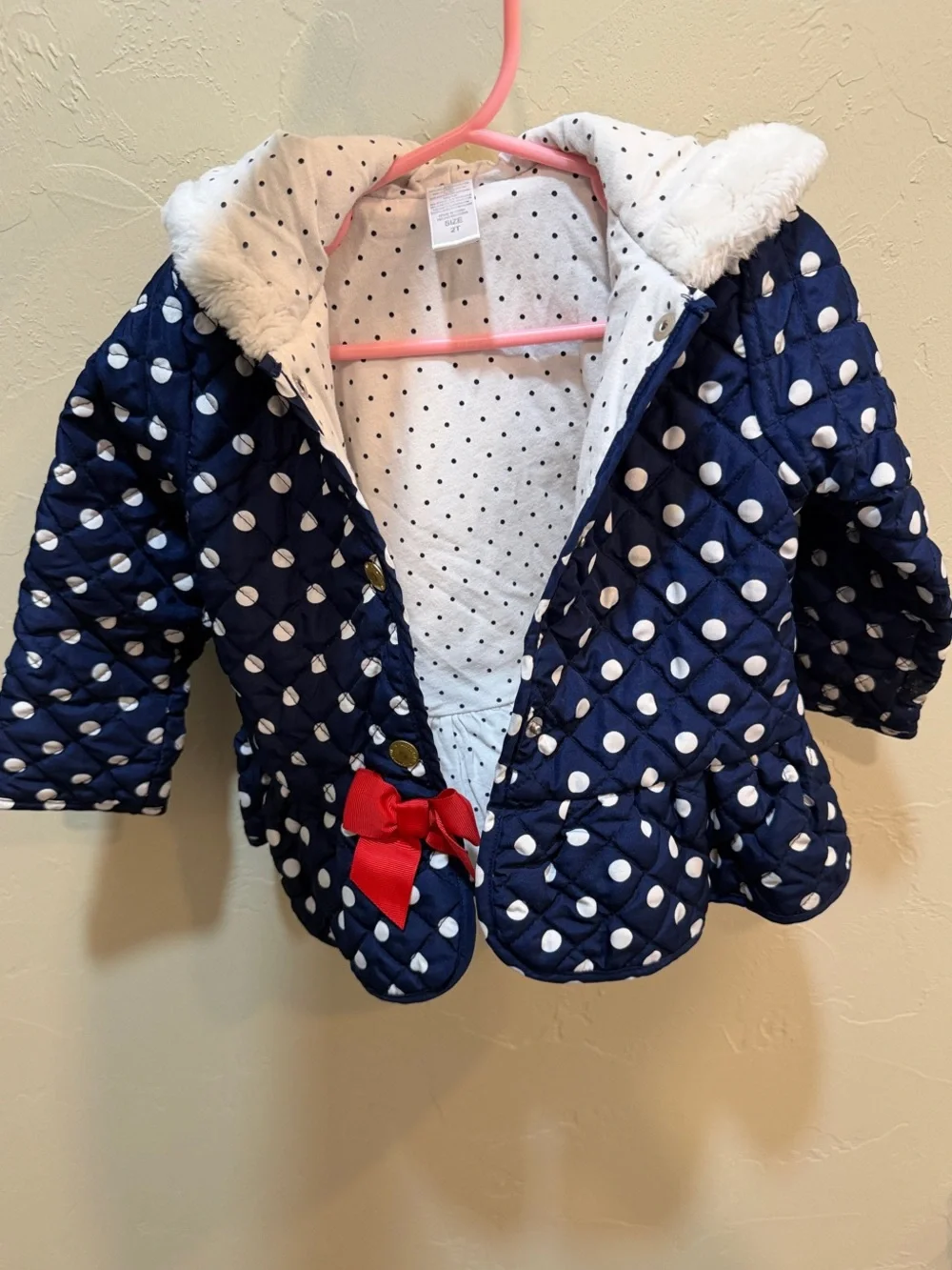 Girls' Navy Polka Dot Quilted Jacket with Faux Fur Trim